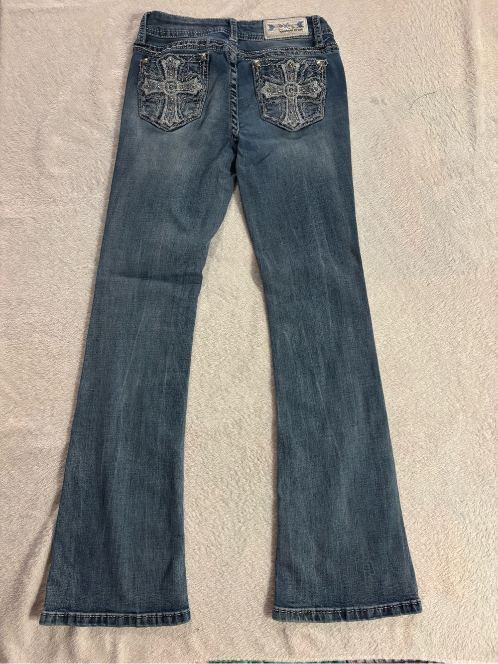 Girls Embroidered Pocket Bootcut Jeans - Blue